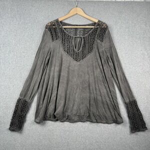 POL Shirt Womens Large Gray Crochet Tunic Top Boho Flowy Casual Peasant Festival